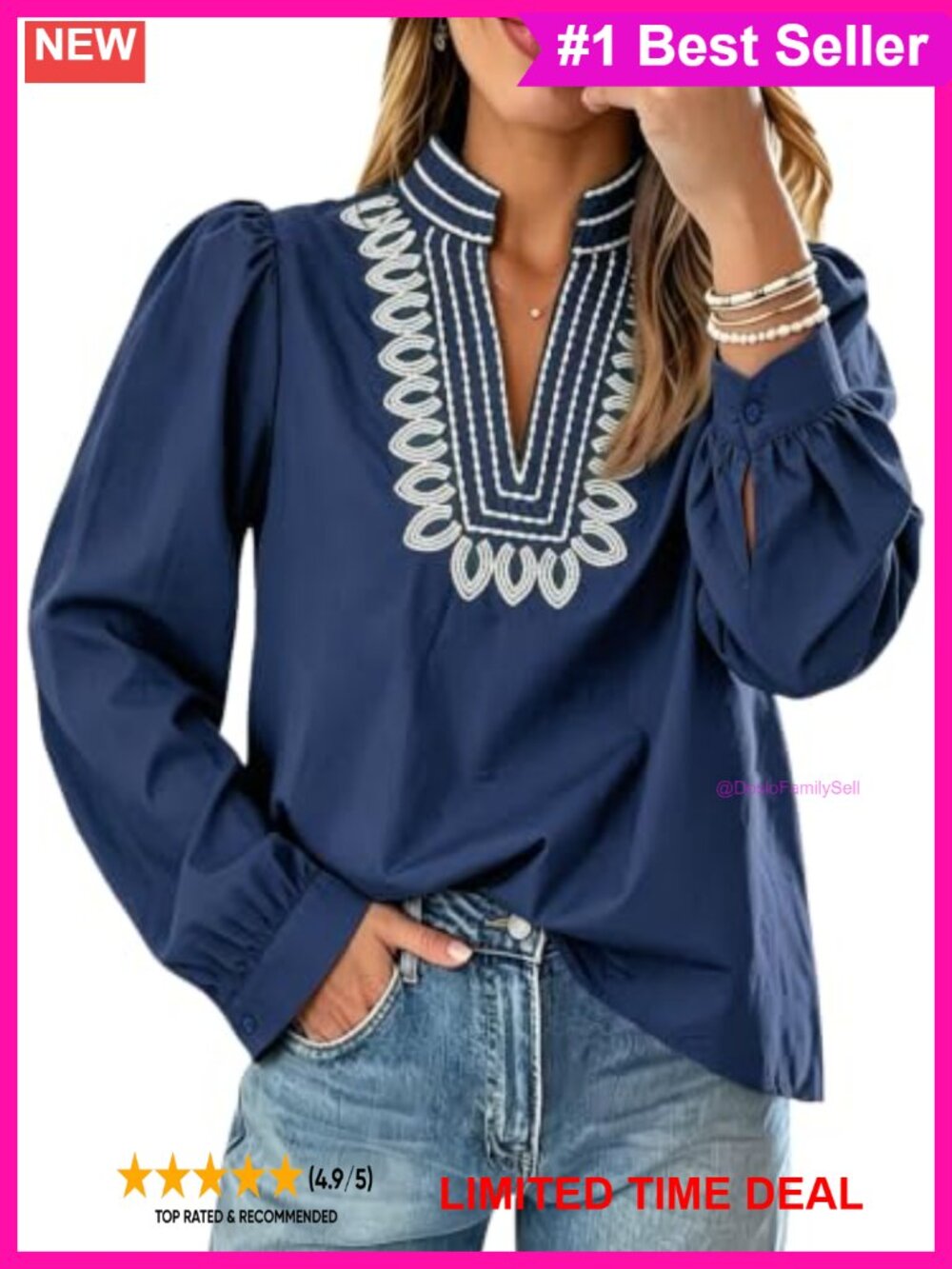 Womens Puff Long Sleeve Embroidered V-Neck Blouse Business Casual Top